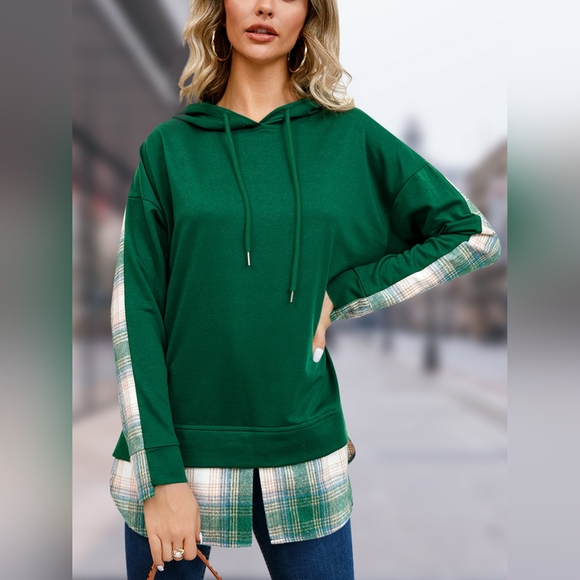 Green Plaid Drawstring Long Sleeve Slit Casual Pullover Warm Hoodie. NWT - Picture 1 of 3